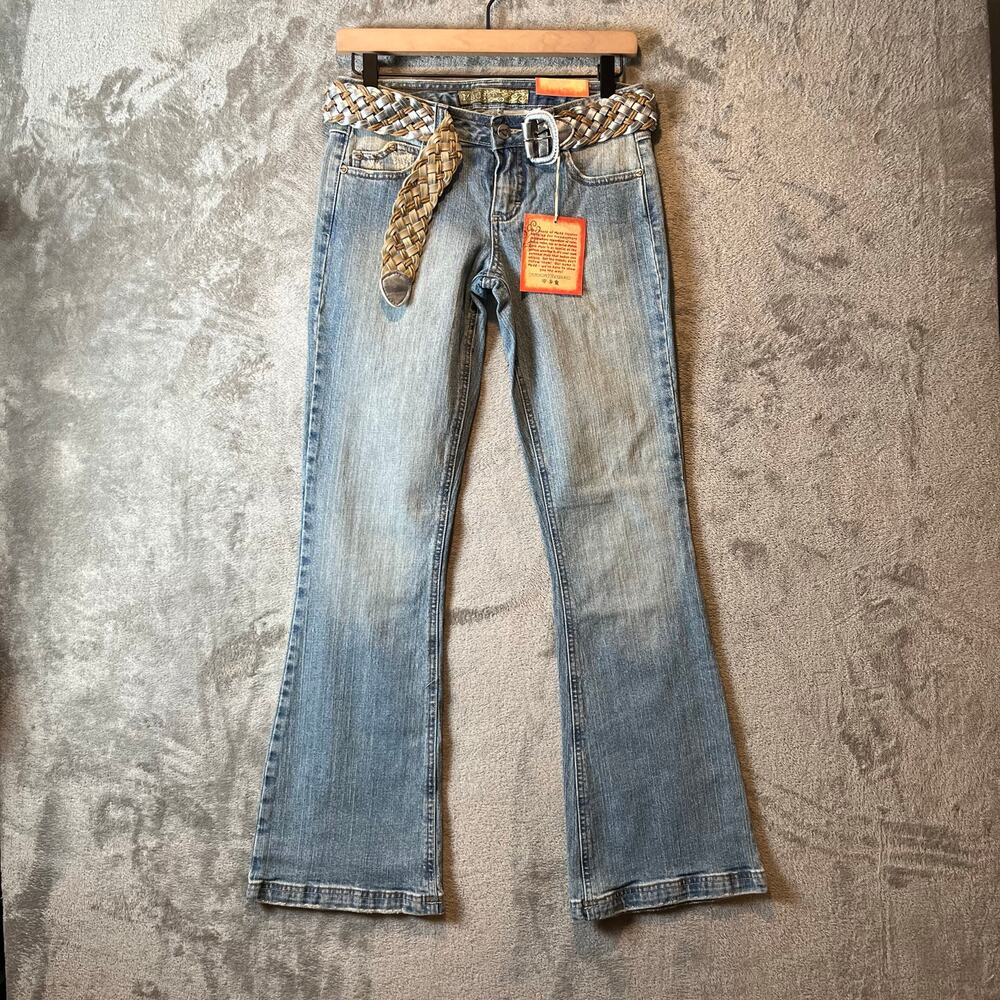 Vintage Y2K Mudd Low Rise Flare Jeans Braided Belt Distressed Wash Womens 28 New